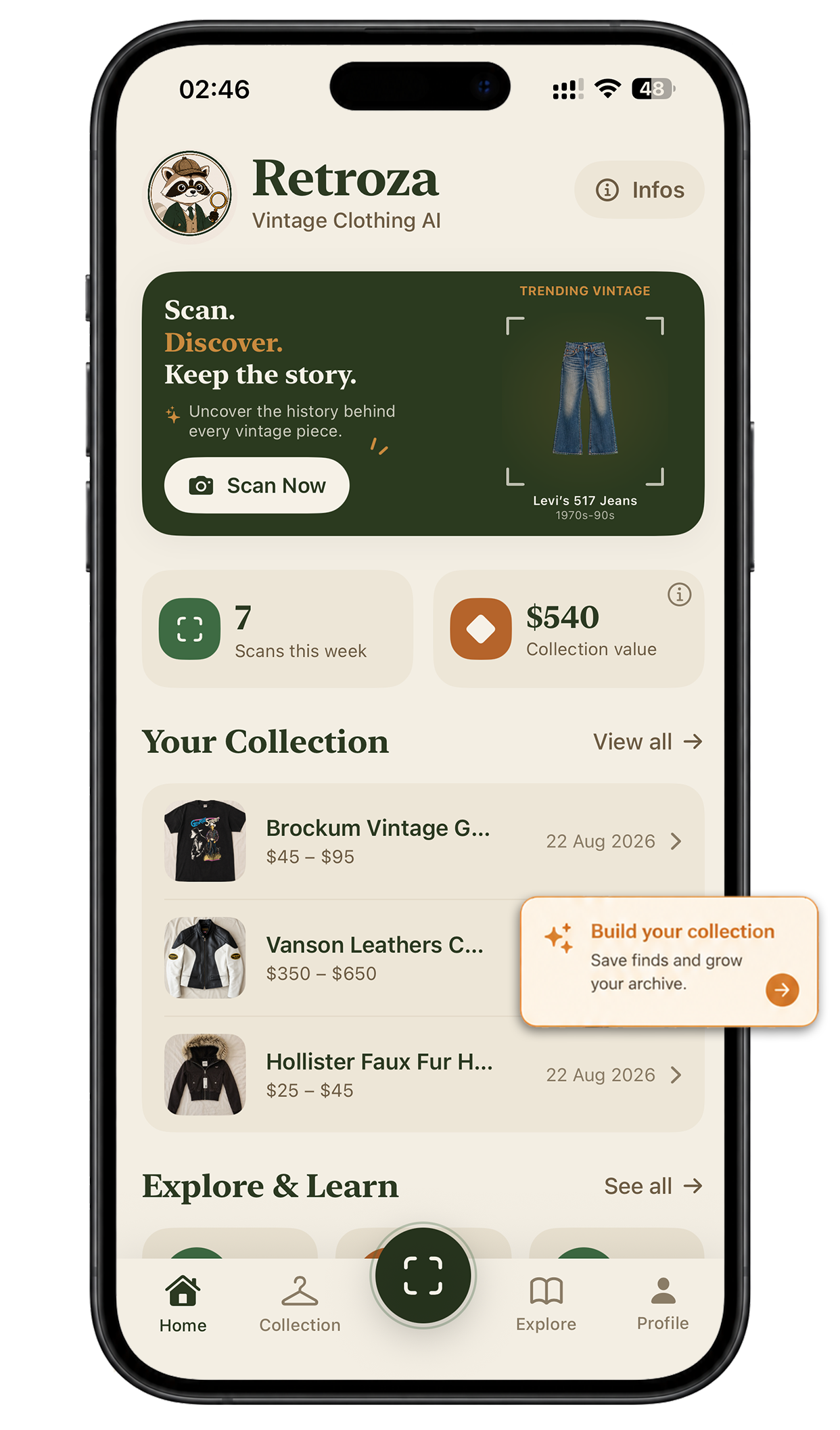 Retroza shown on an iPhone with a populated vintage clothing collection