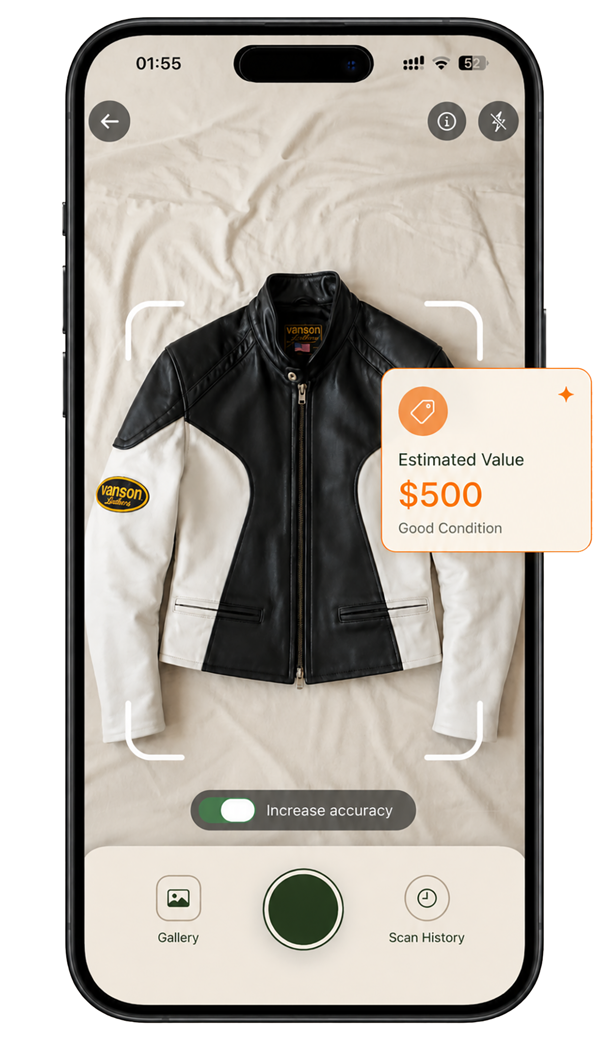 Retroza iPhone scanner identifying a vintage leather jacket and estimating its value
