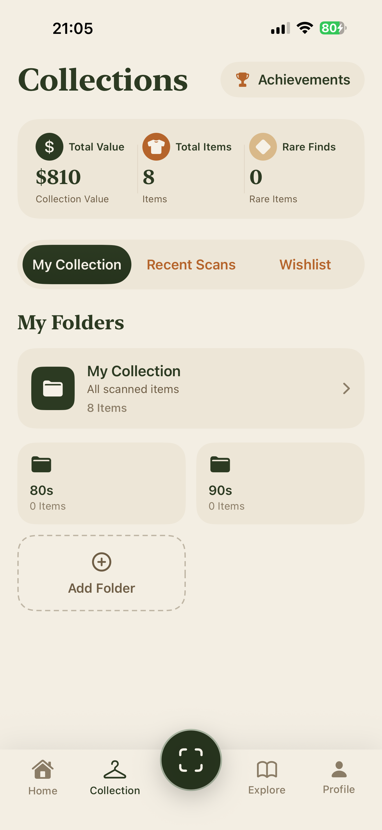 Retroza Collections screen organized by era with recent scans and wishlist