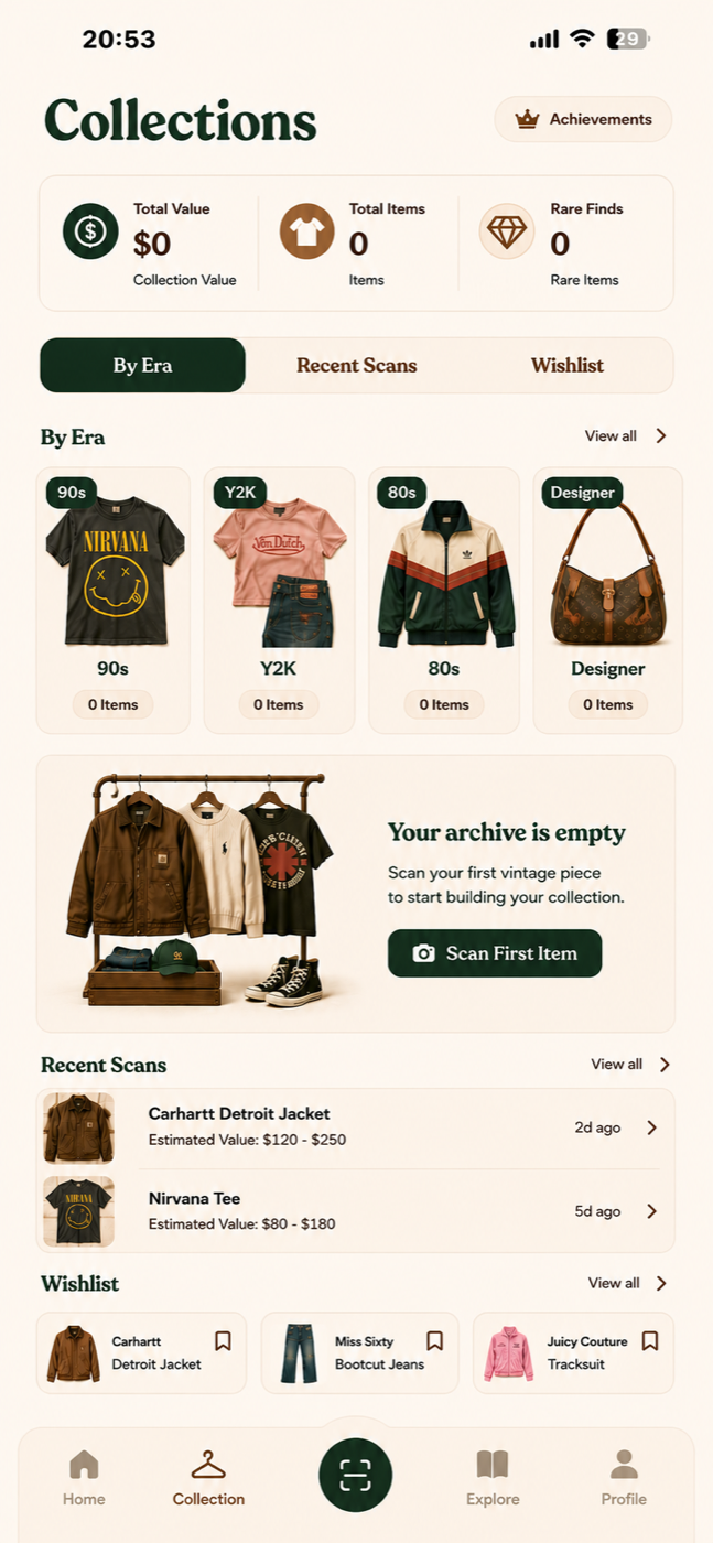 Retroza Collections screen organized by era with recent scans and wishlist