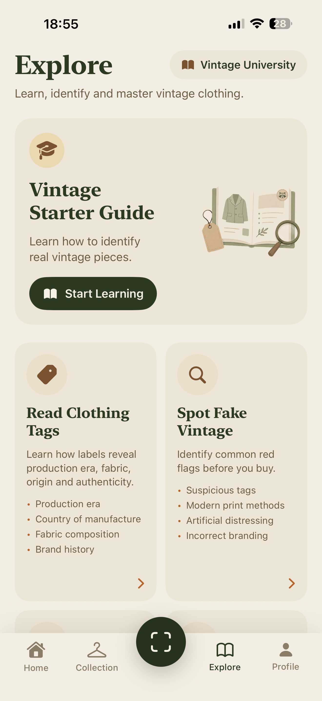 Retroza Explore screen with vintage starter guide and clothing education