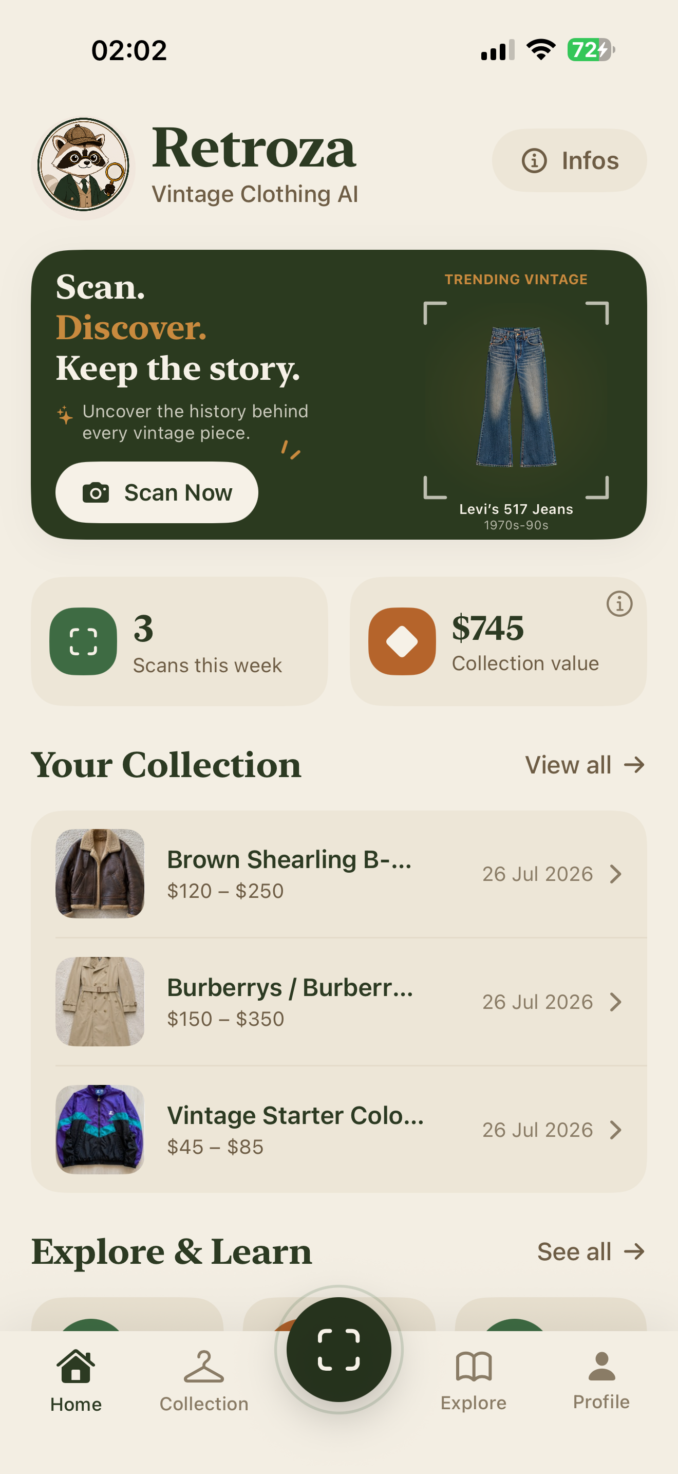 Retroza home screen showing a vintage clothing collection and scan button